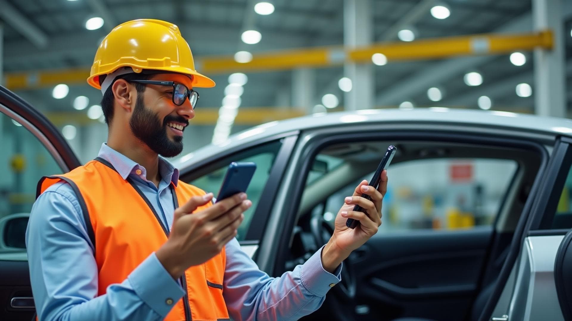 Inspector using mobile phone to inspect car door panel